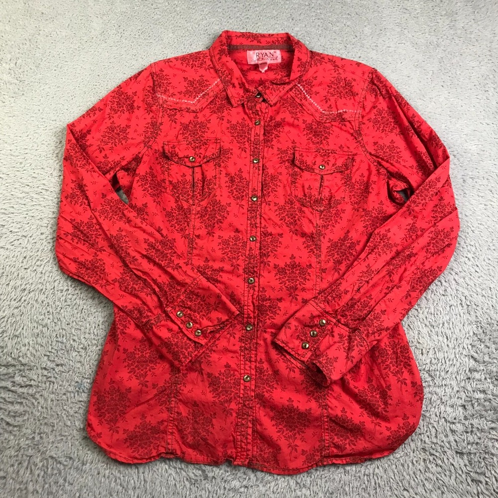 Ryan Michael Shirt Womens XL Red Floral Western Pearl Snap Corset Lace Up Back